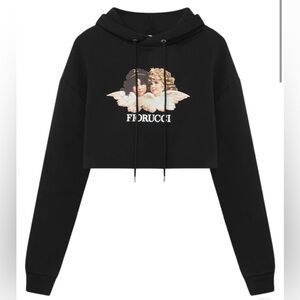Fiorucci cropped black hoodie with vintage angel graphic. Size medium!